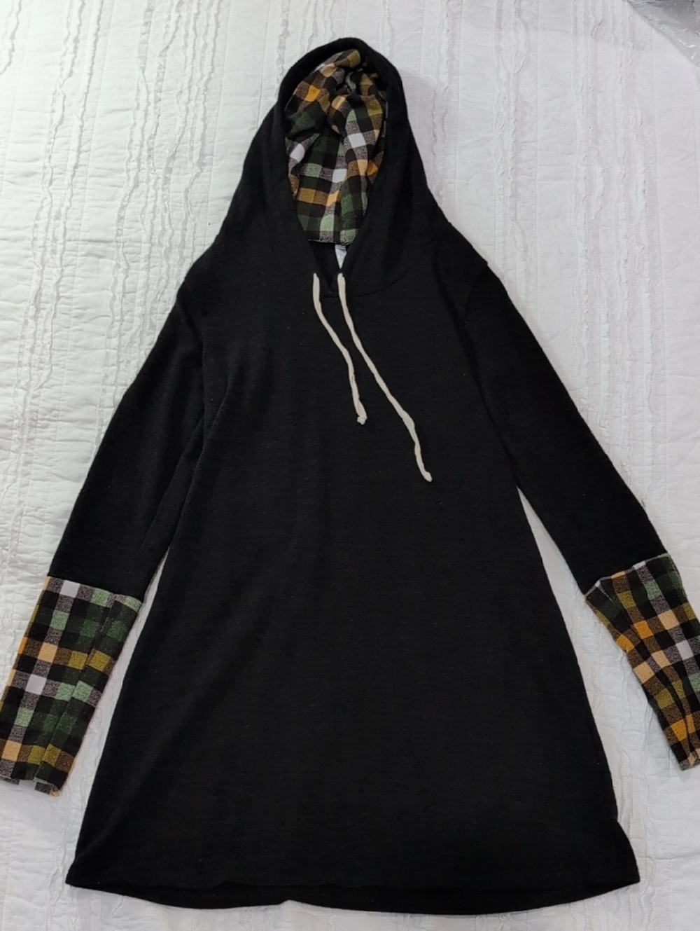 Black Hooded Women's Sweater with Green & Mustard Plaid Trim